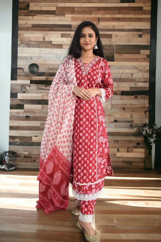 Brick Red Block Print Pakistani Suit Set