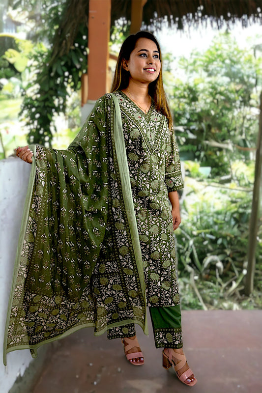 Traditional Block Print Dark Green Suit Set