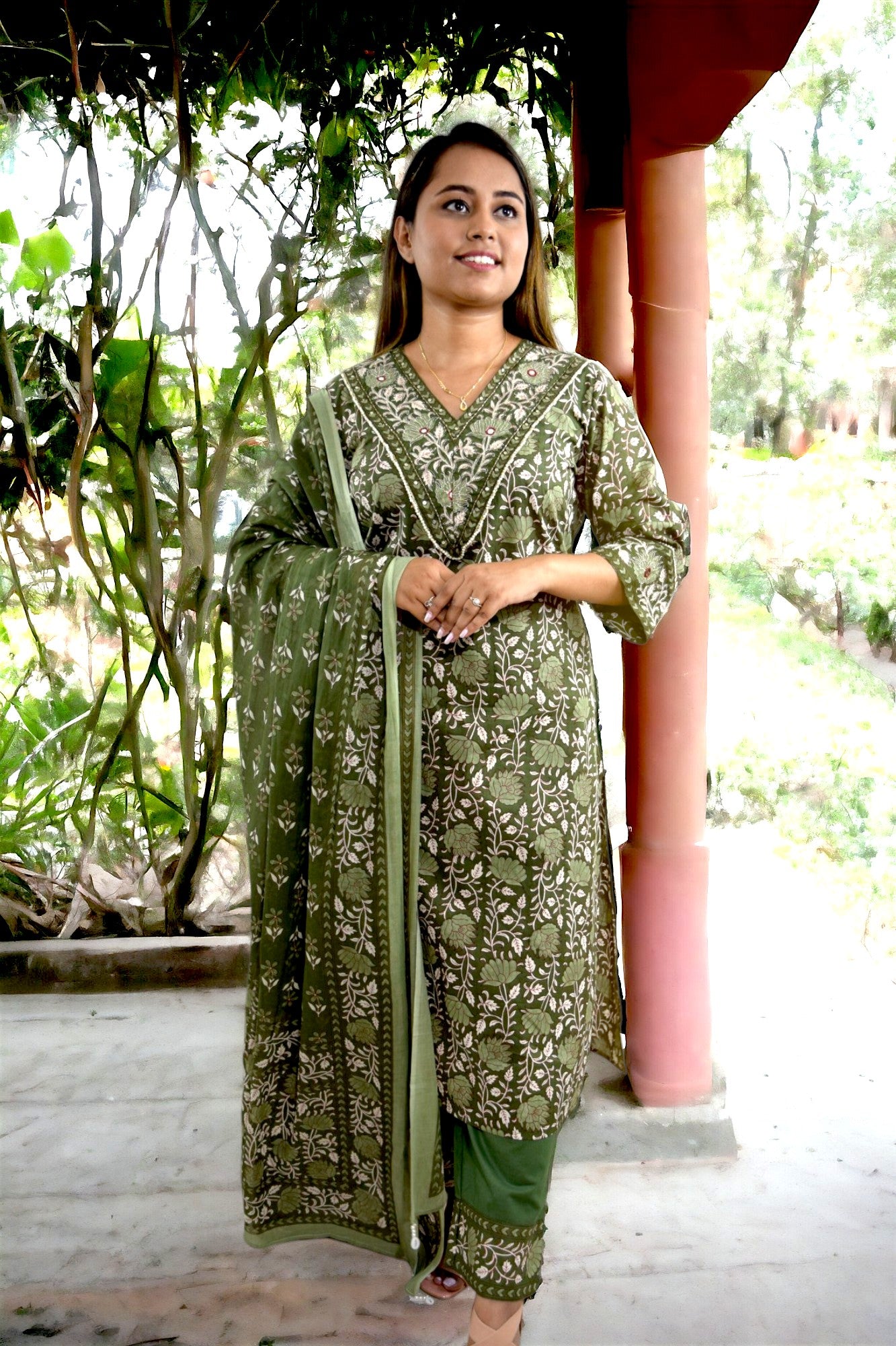 Traditional Block Print Dark Green Suit Set