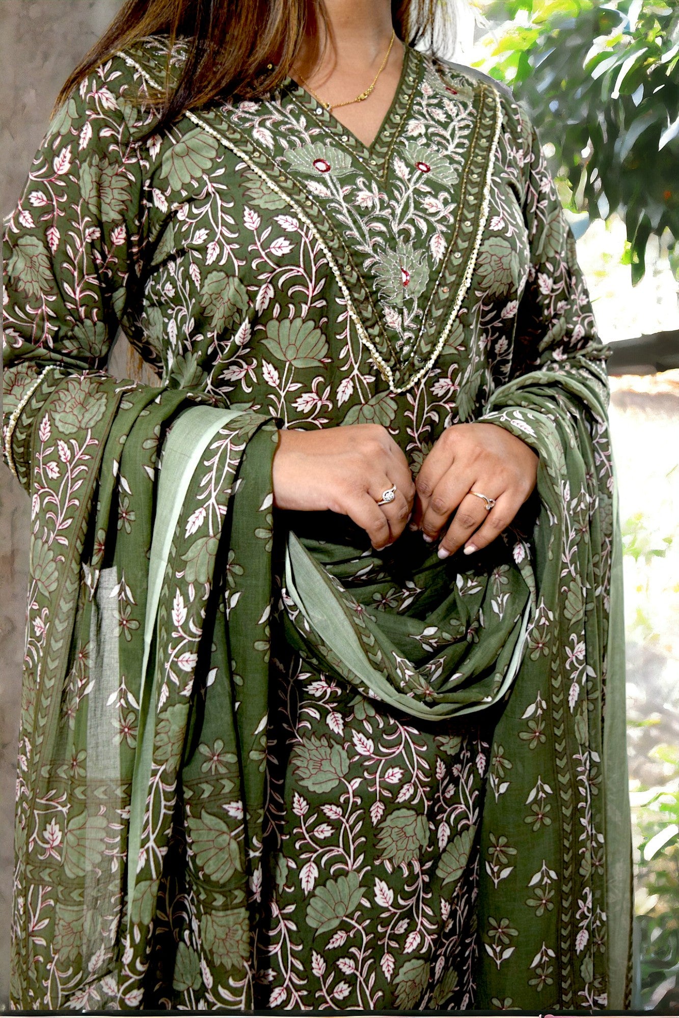 Traditional Block Print Dark Green Suit Set