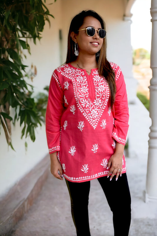 Vibrant Pink Pure Cotton Chikankari Kurti