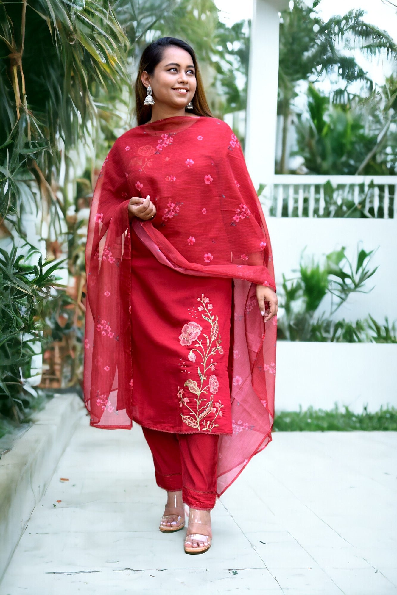 Red Embroidered Muslin Suit Set