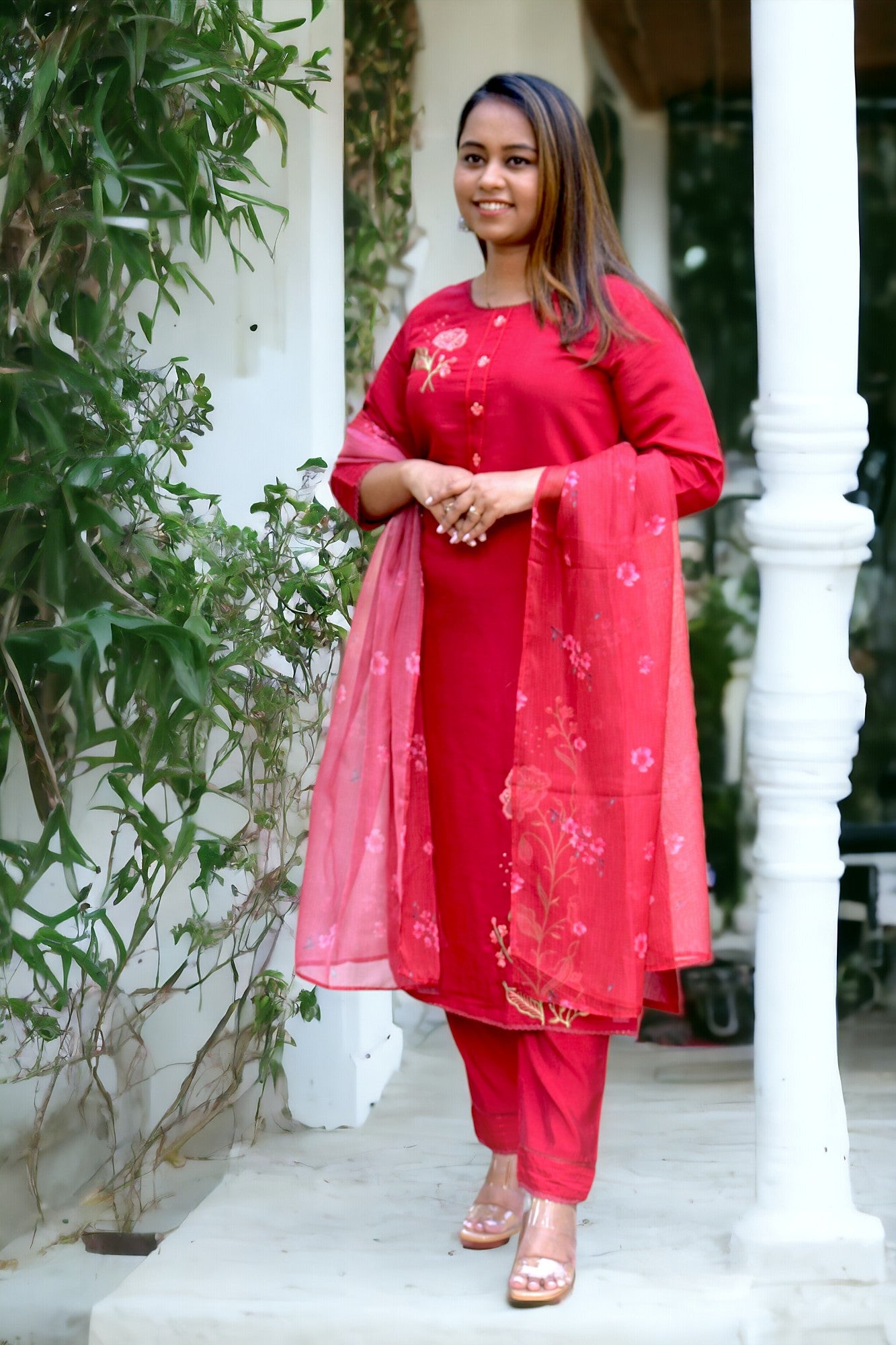 Red Embroidered Muslin Suit Set