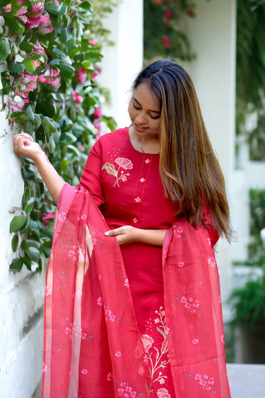 Red Embroidered Muslin Suit Set