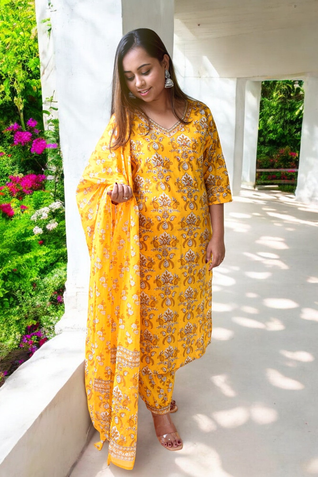 Yellow Printed Pure Cotton Suit